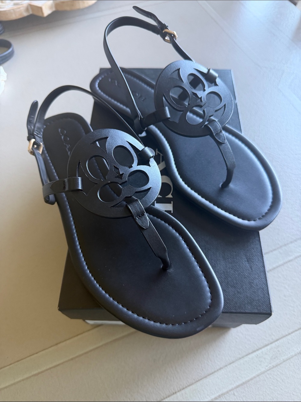 Coach Black Women's Logo Circle Thong Sandals